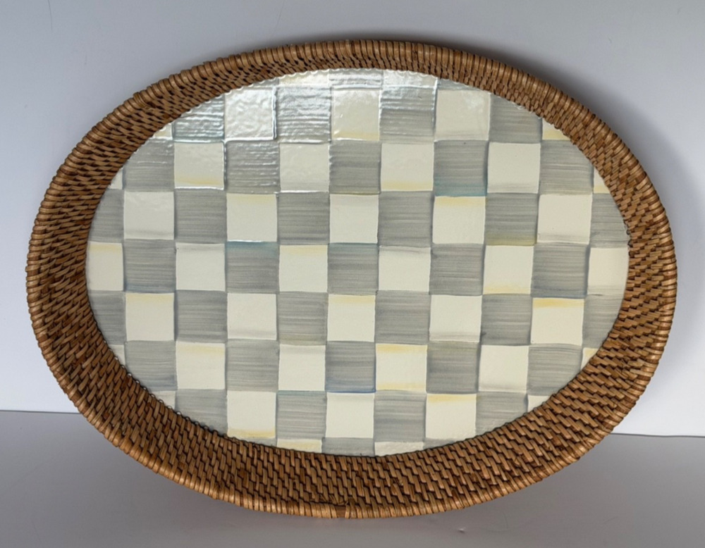MacKenzie-Childs Sterling Check Rattan Enamel Large Oval Serving Tray 15x11